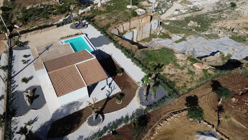 The pool and sun terrace seen from above